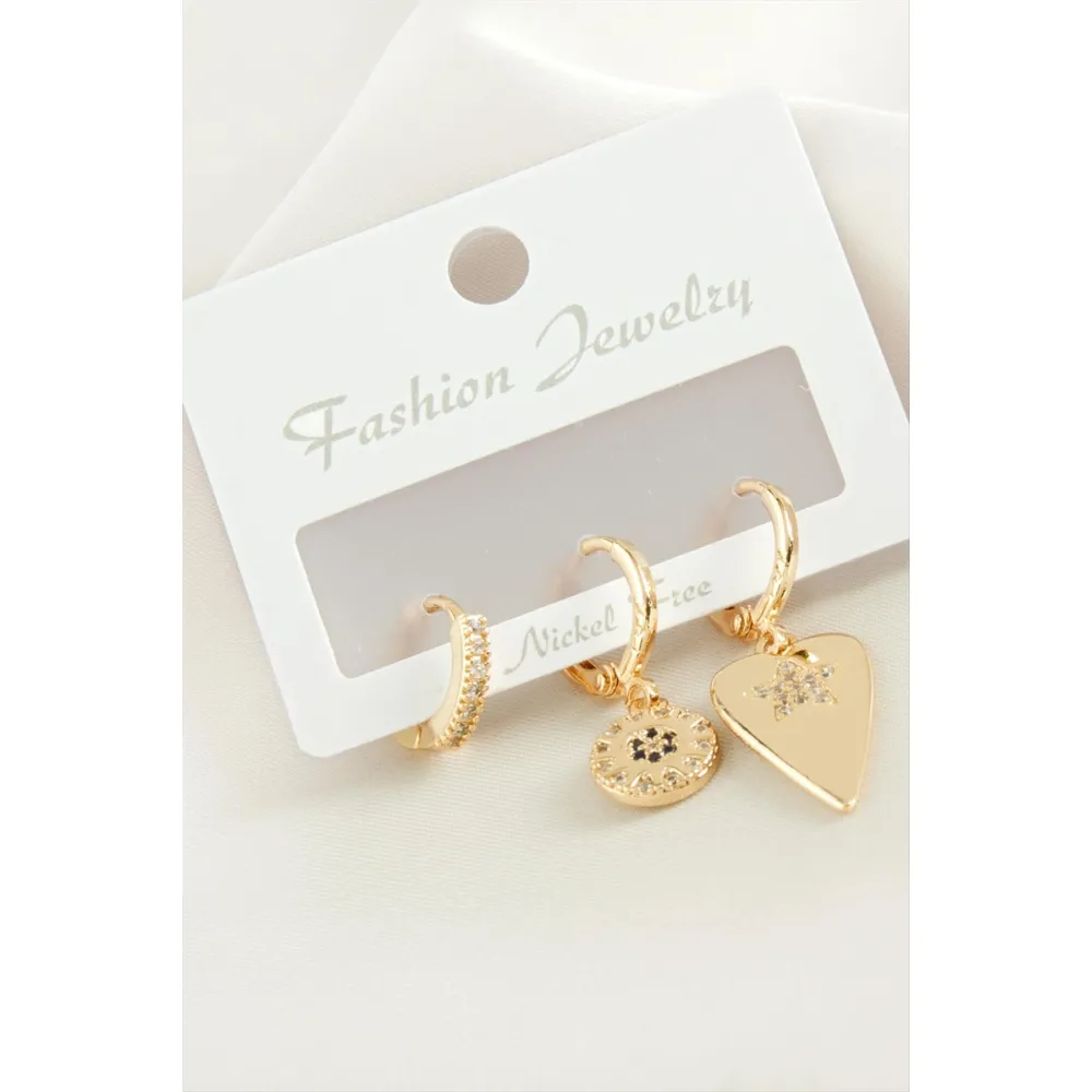 3 Adet Kalp Zirkon Taşlı Küpe-Sarı