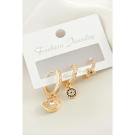 3 Adet Göz Zirkon Taşlı Küpe-Sarı