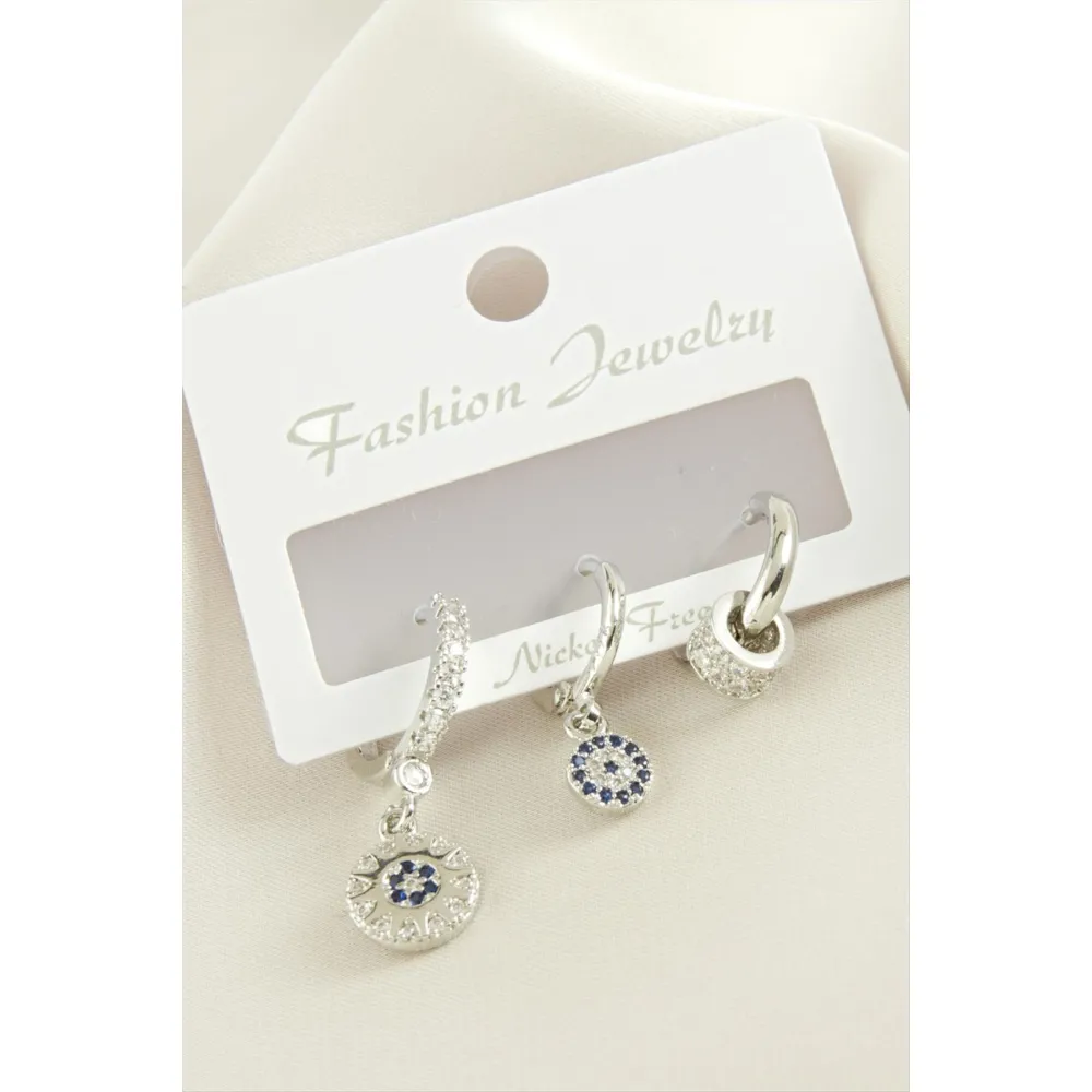 3 Adet Nazar Zirkon Taşlı Küpe-Gümüş Rengi