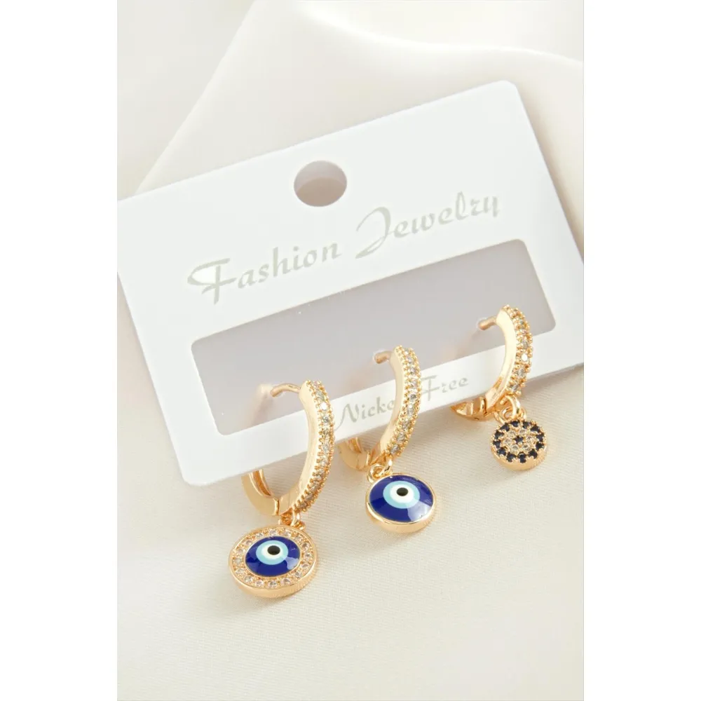 3 Adet Nazar Zirkon Taşlı Küpe-Gümüş Rengi