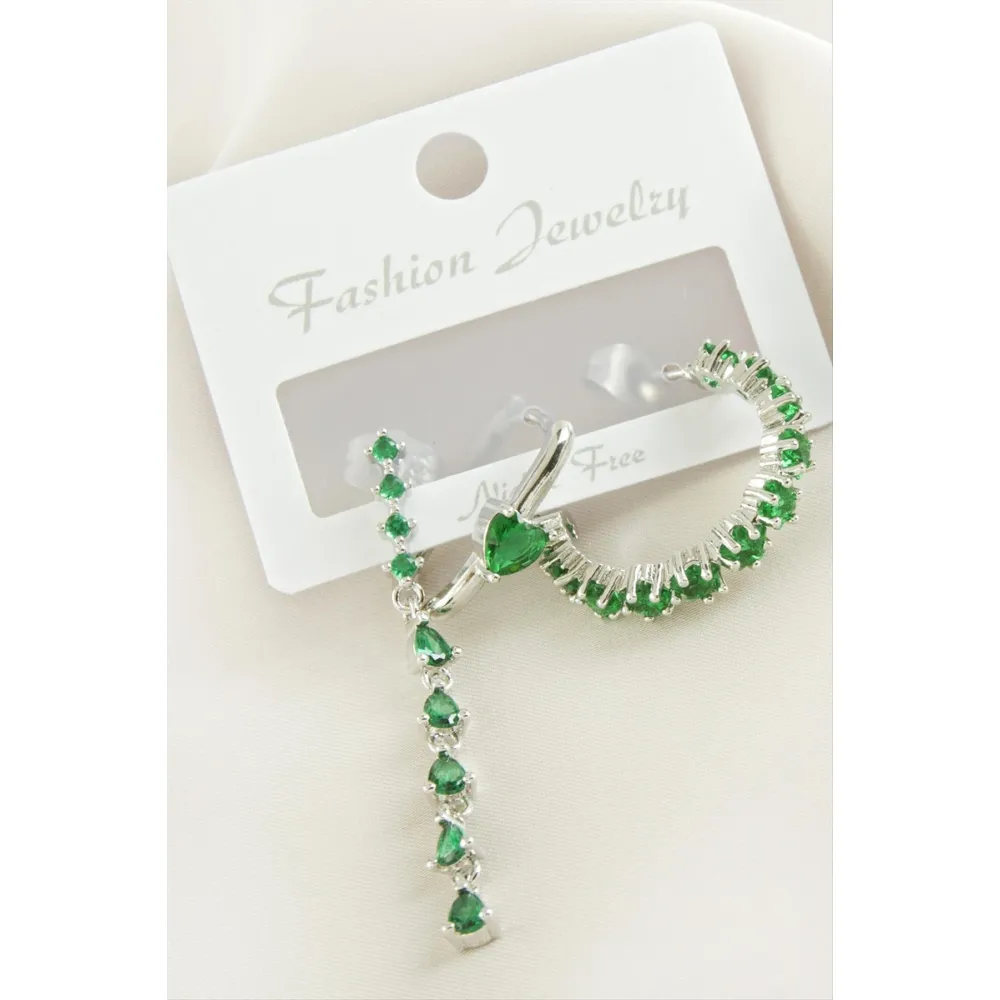 3 Adet Kalp Zirkon Taşlı Küpe-Gümüş Rengi