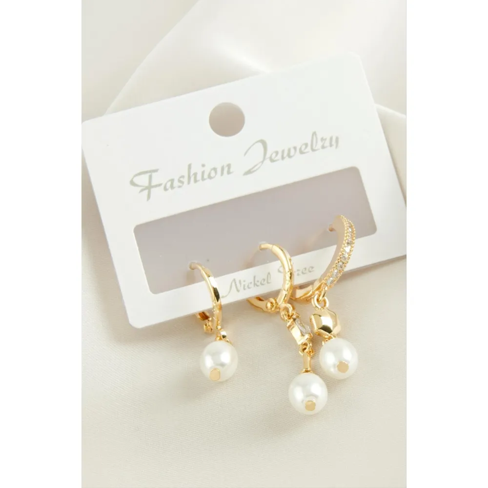 3 Adet Oval İnci Zirkon Taşlı Küpe-Gümüş Rengi