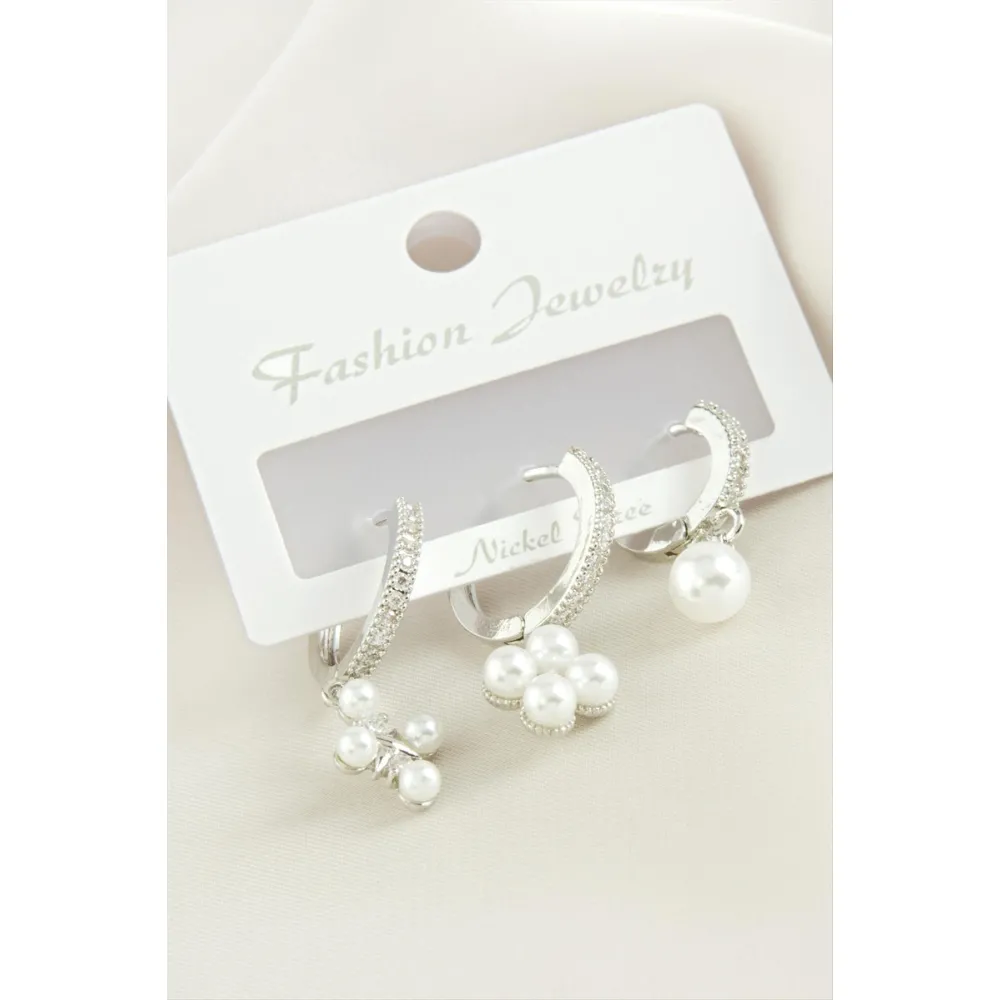 3 Adet Çiçek İnci Zirkon Taşlı Küpe-Sarı