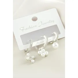 3 Adet Çiçek İnci Zirkon Taşlı Küpe-Sarı