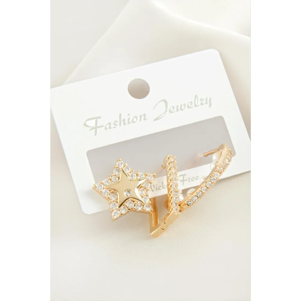 3 Adet Yıldız İnci Zirkon Taşlı Küpe-Sarı