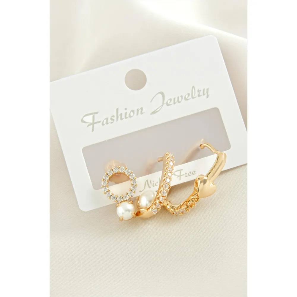 3 Adet Kalp İnci Zirkon Taşlı Küpe-Gümüş Rengi