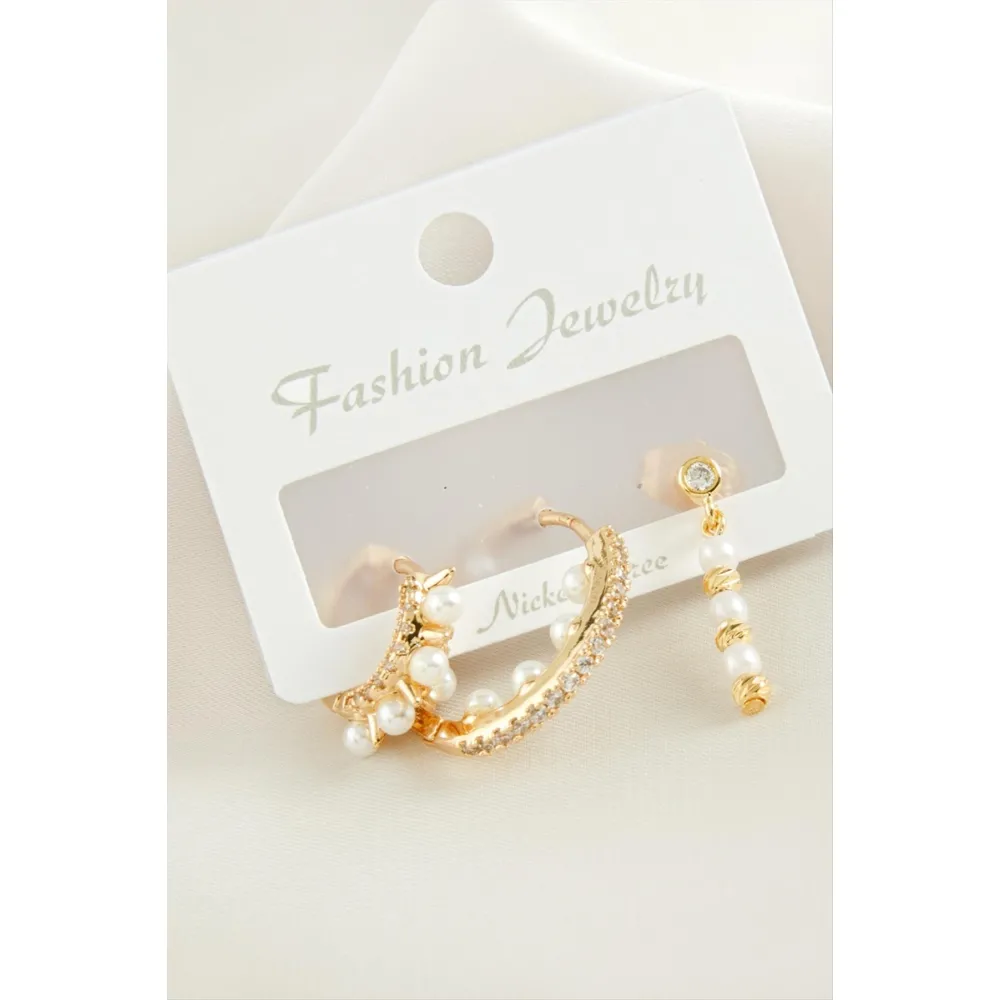 3 Adet Dorika İnci Zirkon Taşlı Küpe-Gümüş Rengi