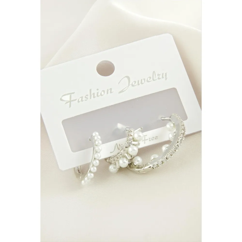 3 Adet Çivi İnci Zirkon Taşlı Küpe-Gümüş Rengi