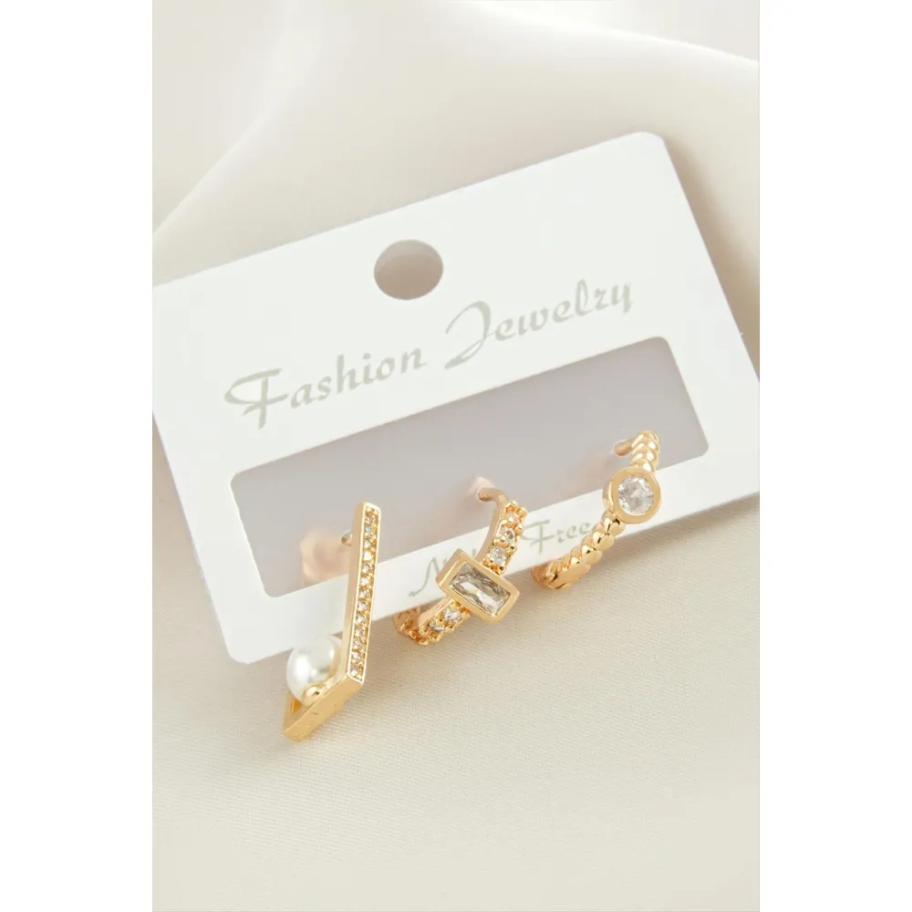 3 Adet Dikdörtgen İnci Zirkon Taşlı Küpe-Sarı