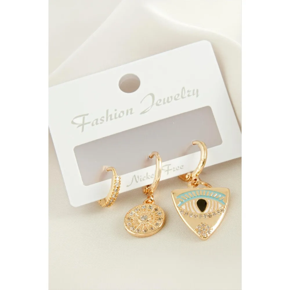 3 Adet Göz Zirkon Taşlı Küpe-Gümüş Rengi