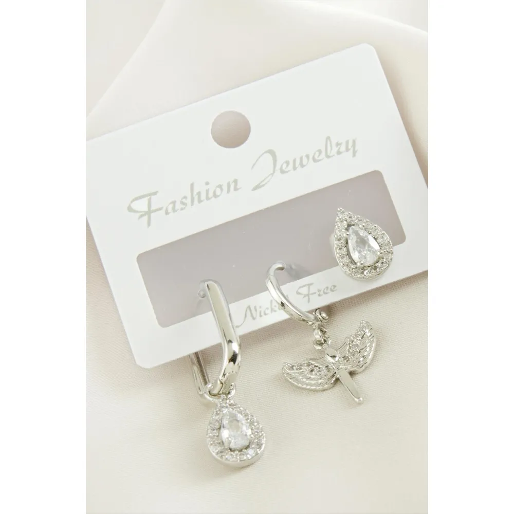 3 Adet Damla Zirkon Taşlı Küpe-Gümüş Rengi