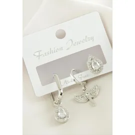 3 Adet Damla Zirkon Taşlı Küpe-Gümüş Rengi