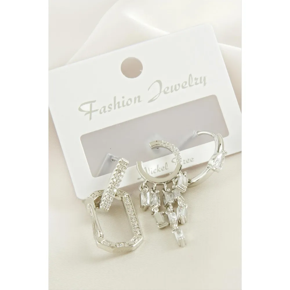 3 Adet Baget Taşlı Küpe-Gümüş Rengi