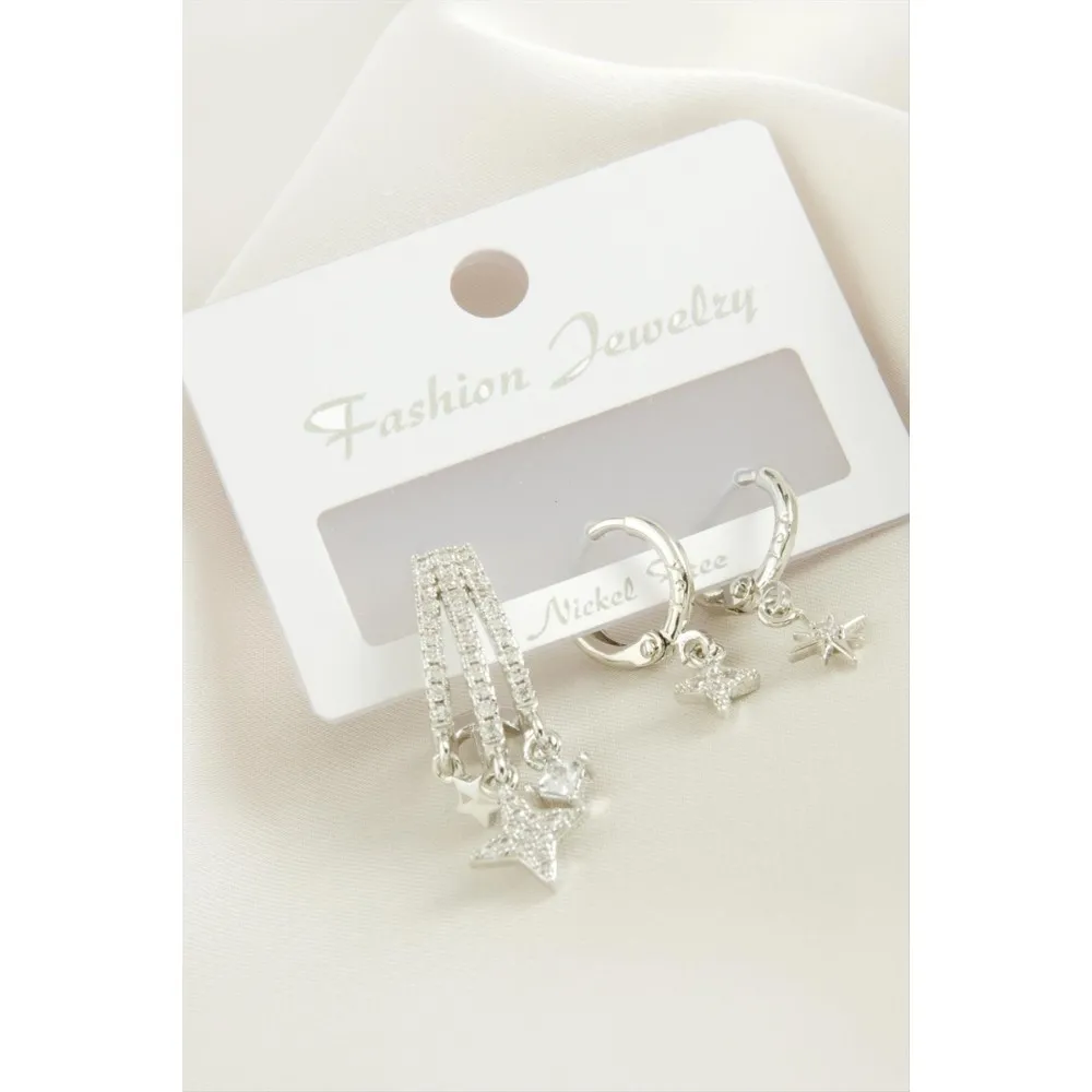 3 Adet Yıldız Zirkon Taşlı Küpe-Gümüş Rengi