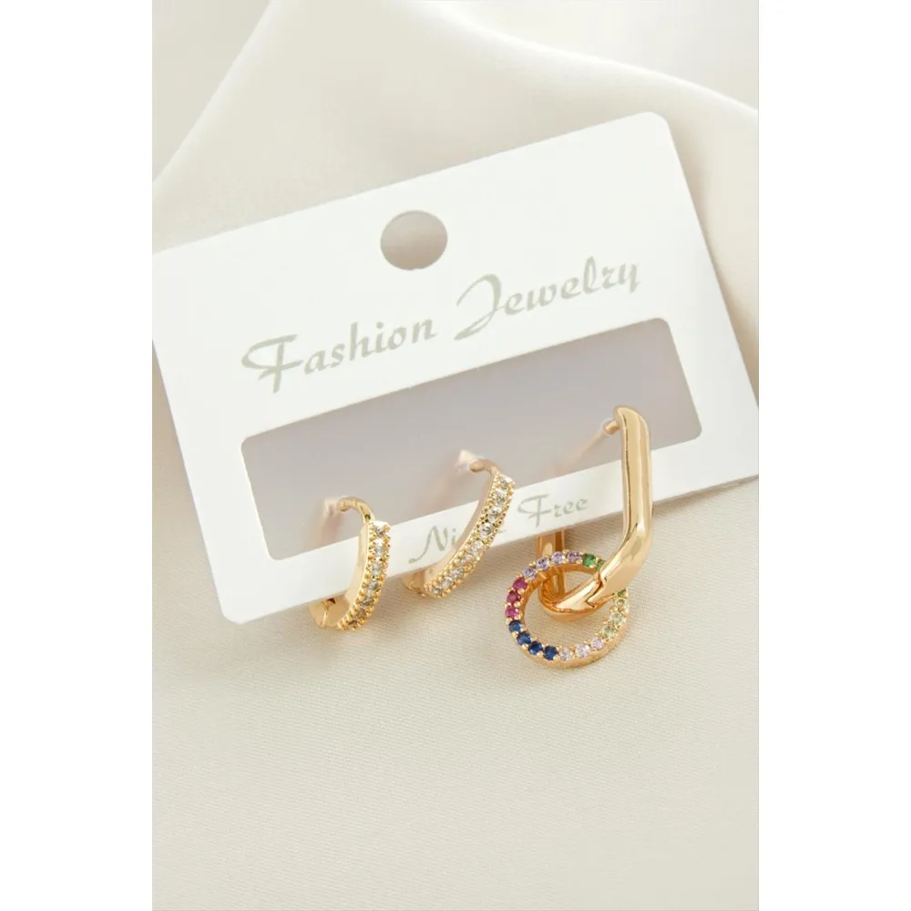 3 Adet Halka Zirkon Taşlı Küpe-Sarı