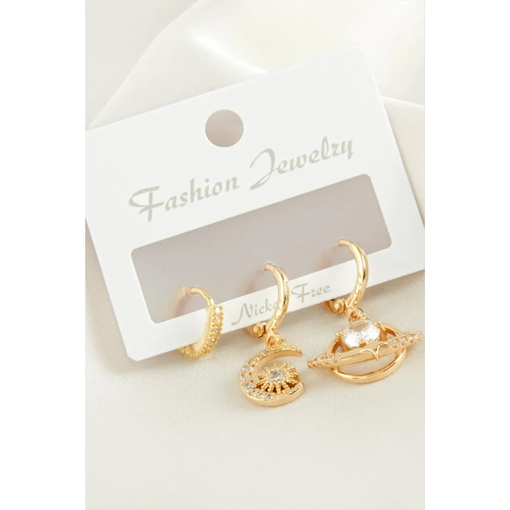 3 Adet Hilal Yıldız Zirkon Taşlı Küpe-Gümüş Rengi