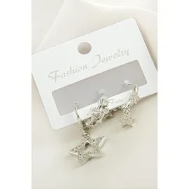 3 Adet Yıldız Zirkon Taşlı Küpe-Gümüş Rengi