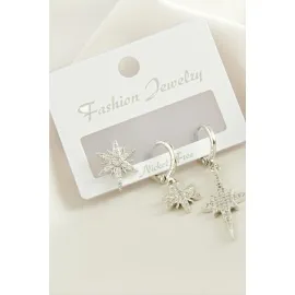 3 Adet Yıldız Zirkon Taşlı Küpe-Gümüş Rengi