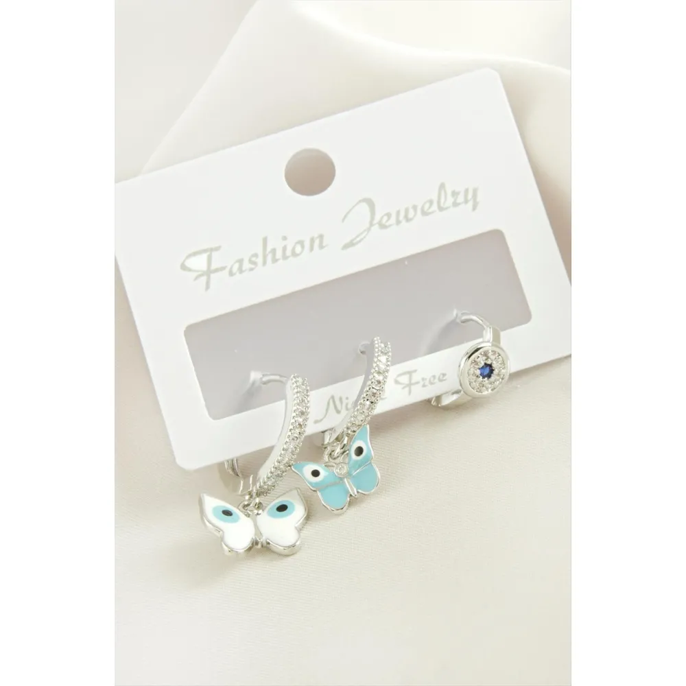 3 Adet Kelebek Zirkon Taşlı Küpe-Gümüş Rengi