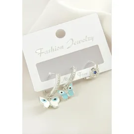 3 Adet Kelebek Zirkon Taşlı Küpe-Gümüş Rengi