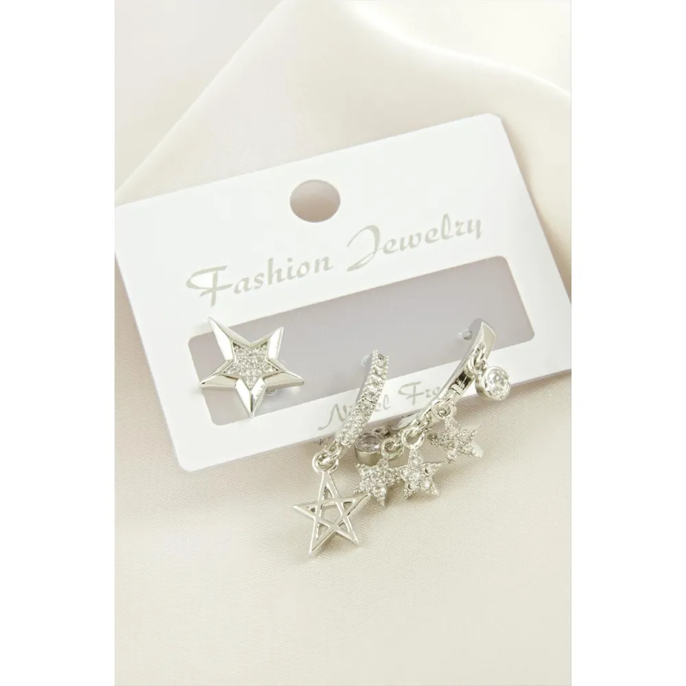 3 Adet Yıldız Zirkon Taşlı Küpe-Sarı