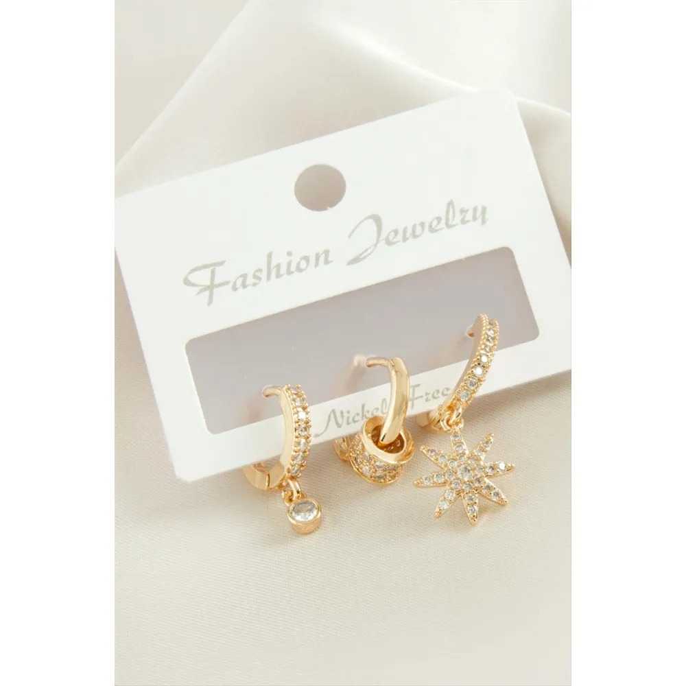 3 Adet Yıldız Zirkon Taşlı Küpe-Gümüş Rengi