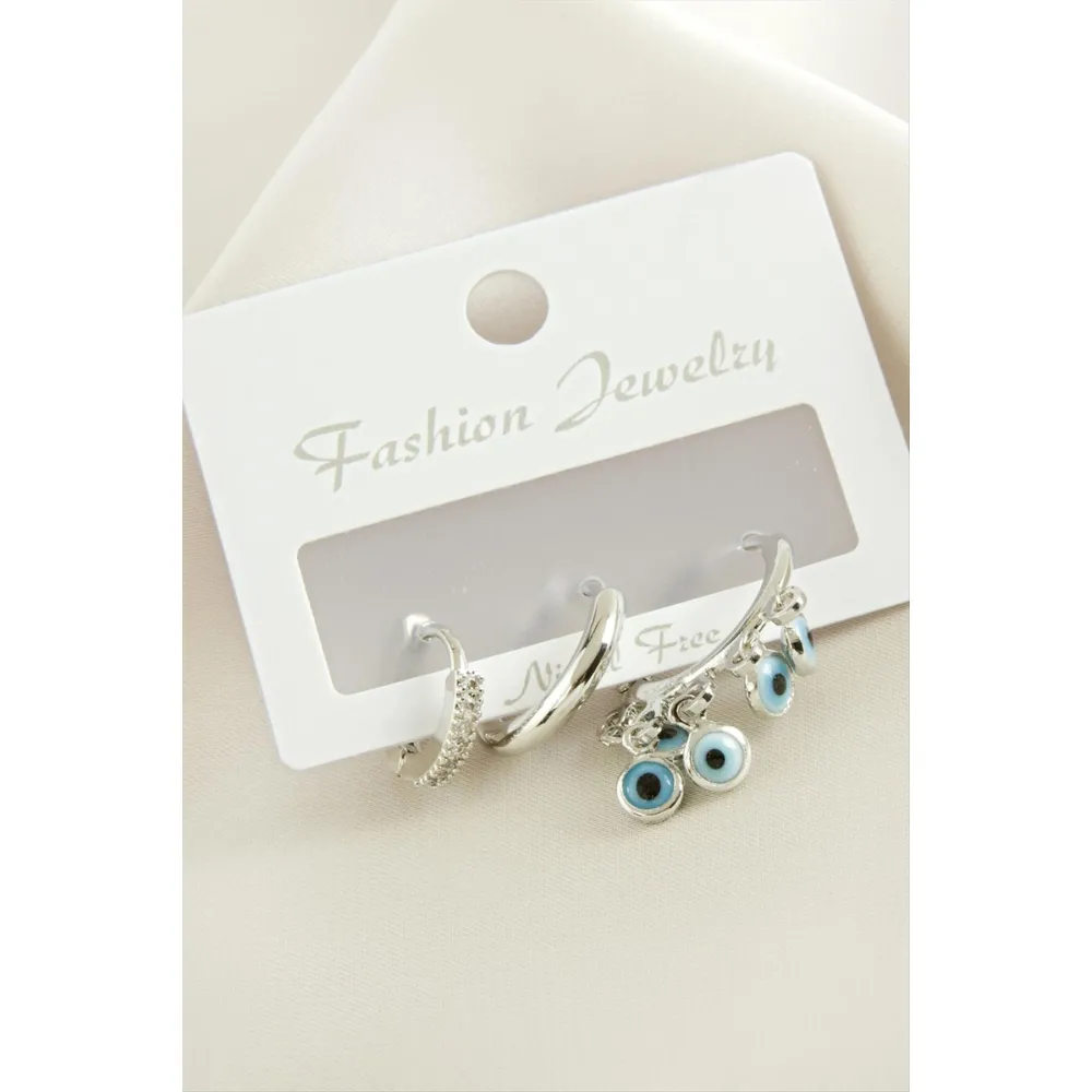 3 Adet Nazar Zirkon Taşlı Küpe-Gümüş Rengi