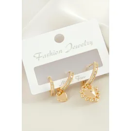 3 Adet Kalp Zirkon Taşlı Küpe-Sarı