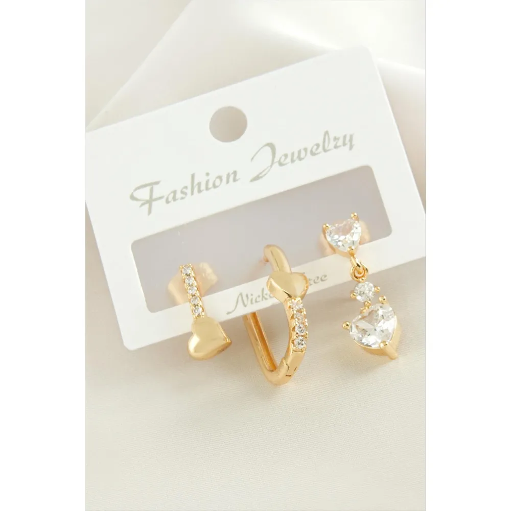 3 Adet Kalp Zirkon Taşlı Küpe-Sarı