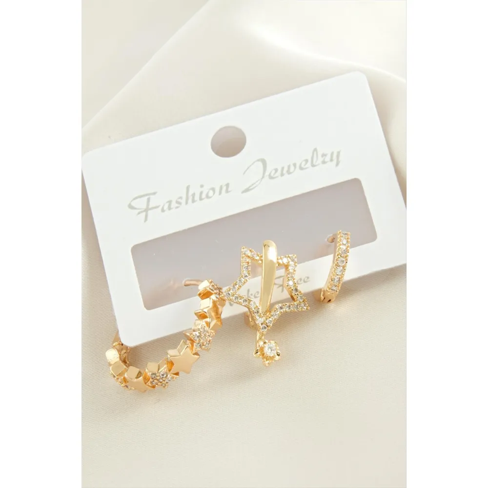 3 Adet Yıldız Zirkon Taşlı Küpe-Gümüş Rengi