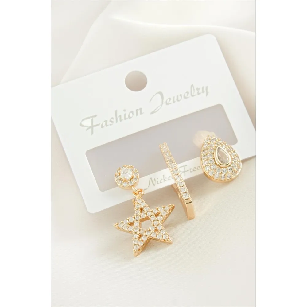 3 Adet Yıldız Zirkon Taşlı Küpe-Sarı