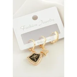 3 Adet Yıldız Zirkon Taşlı Küpe-Sarı