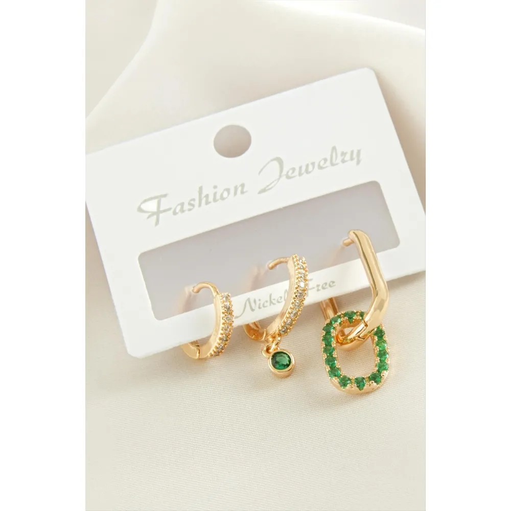 3 Adet Oval Zirkon Taşlı Küpe-Gümüş Rengi