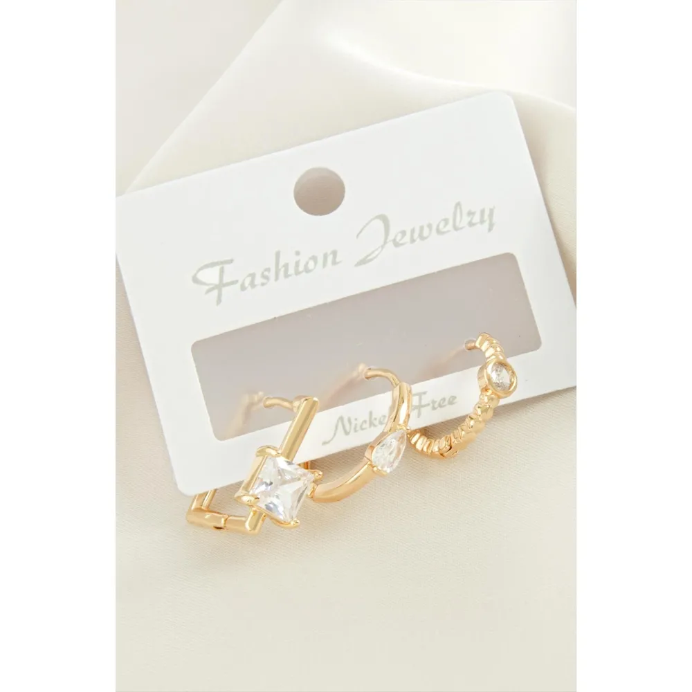 3 Adet Kare Zirkon Taşlı Küpe-Gümüş Rengi