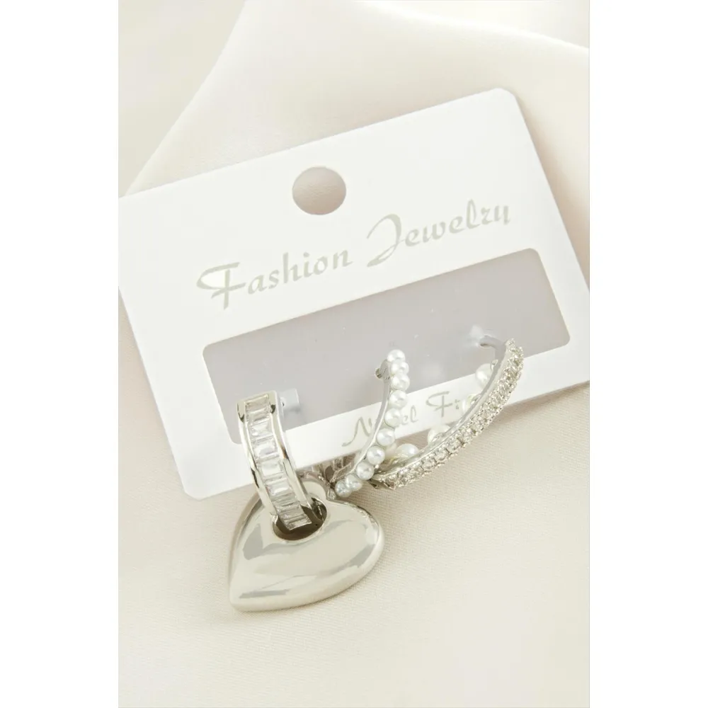 3 Adet Kalp İnci Zirkon Taşlı Küpe-Gümüş Rengi