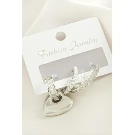 3 Adet Kalp İnci Zirkon Taşlı Küpe-Gümüş Rengi