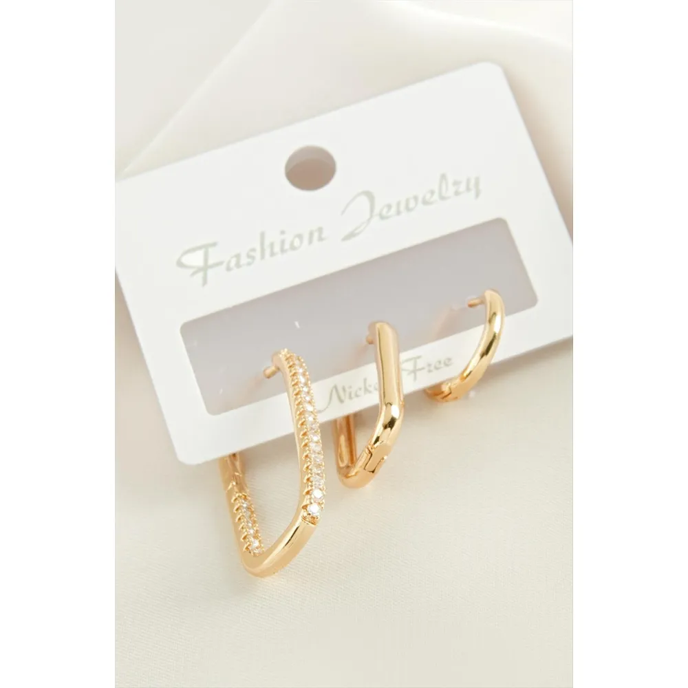 3 Adet Oval Zirkon Taşlı Küpe-Gümüş Rengi