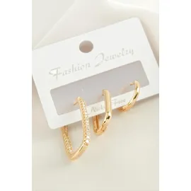 3 Adet Oval Zirkon Taşlı Küpe-Sarı