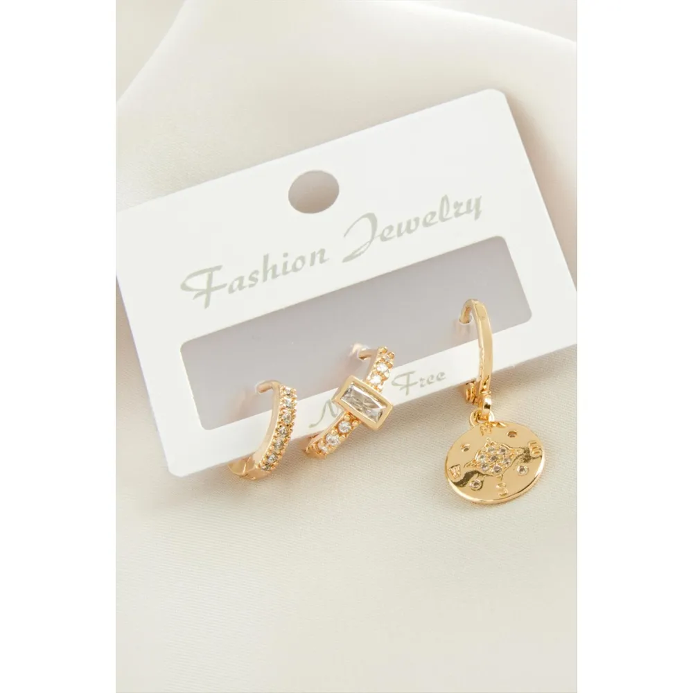 3 Adet Çiçek Zirkon Taşlı Küpe-Gümüş Rengi