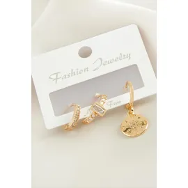 3 Adet Çiçek Zirkon Taşlı Küpe-Gümüş Rengi