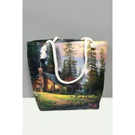 Ağaç Desenli Plaj Çantası-Yeşil