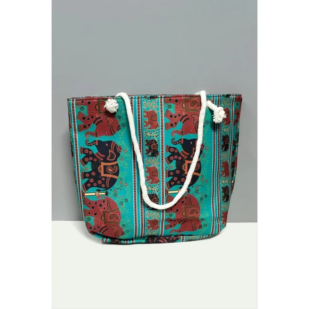 Satürn Desenli Plaj Çantası-Yeşil