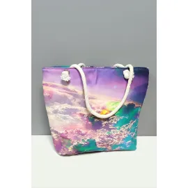 Satürn Desenli Plaj Çantası-Renkli