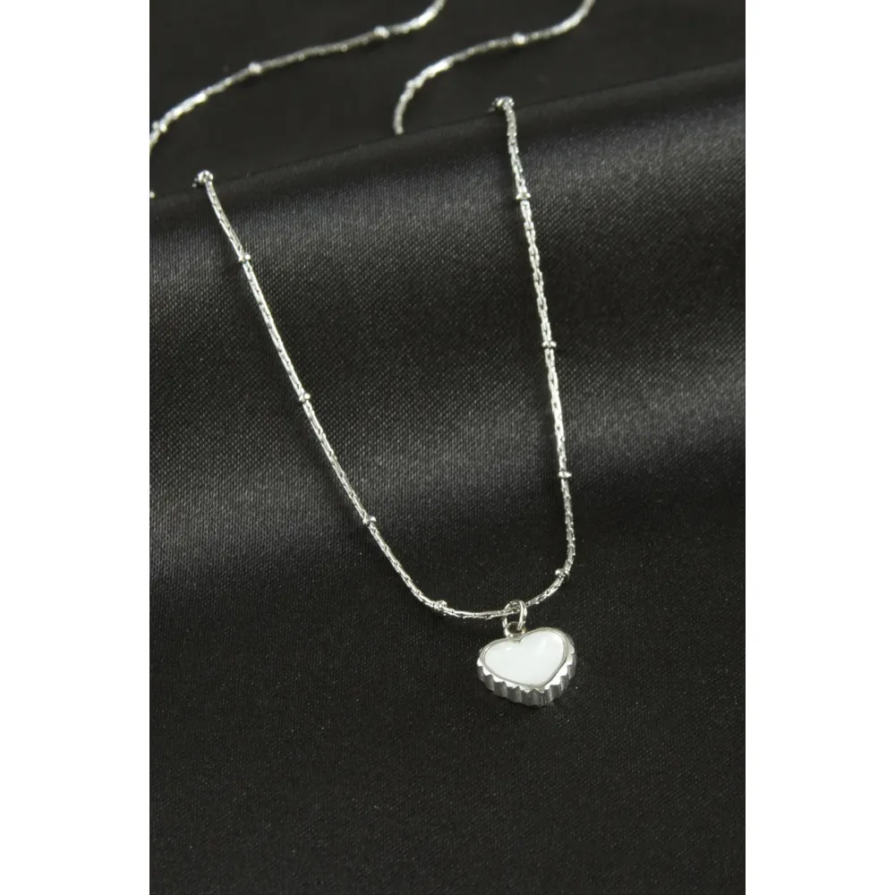 Kalp Sedef Lüks Çelik Kolye-Gümüş Rengi