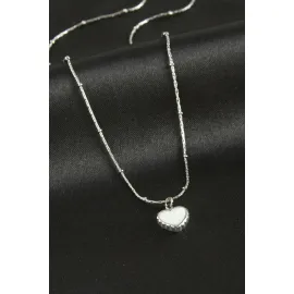 Kalp Sedef Lüks Çelik Kolye-Gümüş Rengi