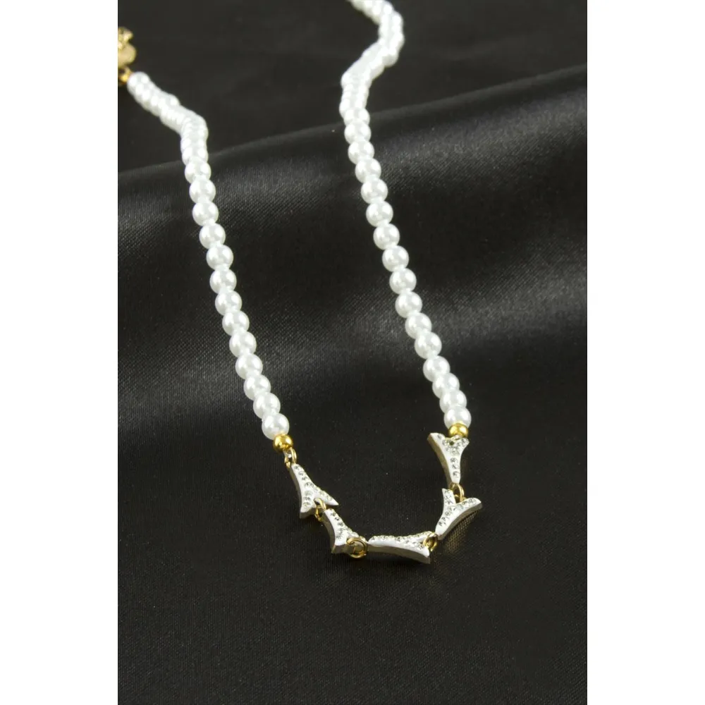 Eyfel Kuesi İnci Lüks Çelik Kolye-Beyaz