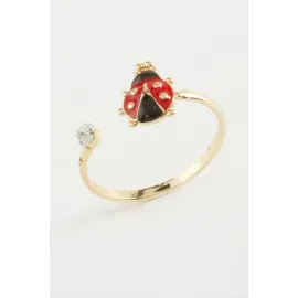 Uğur Böceği Mineli Taşlı Yüzük-Gümüş Rengi