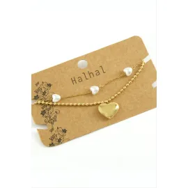 Kalp Lüks İnci Çelik Halhal-Sarı