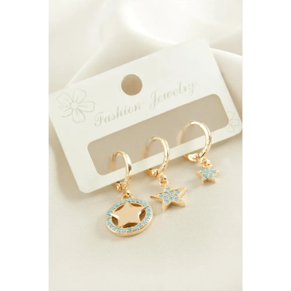 3 Adet Yıldız Zirkon Taşlı Küpe-Sarı