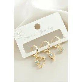 3 Adet Kanat Zirkon Taşlı Küpe-Sarı